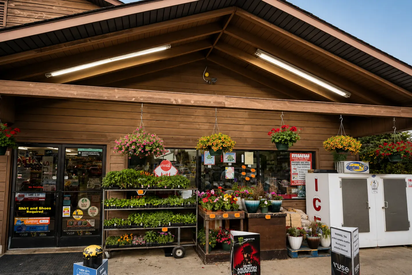 Wooden exterior of Floyd Xpress Market with decorative plants and signboards in Floyd, VA
