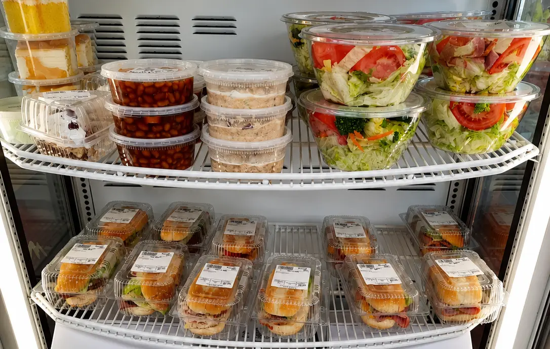 Refrigerated deli selection of salads, desserts, and sandwiches at Floyd Xpress Market in Floyd, VA