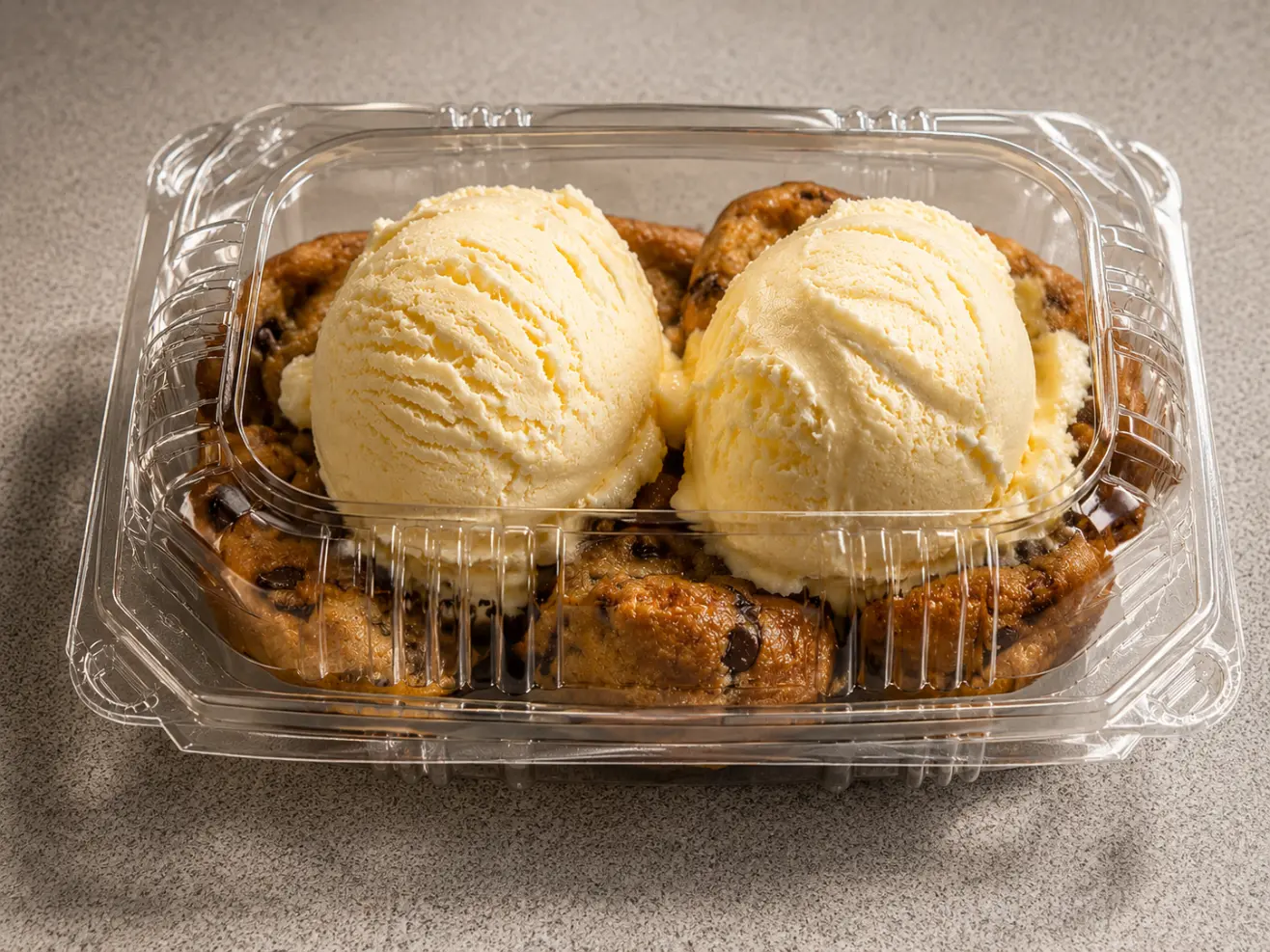 Two scoops of vanilla ice cream on chocolate cookie bread at Floyd Xpress Market in Floyd, VA