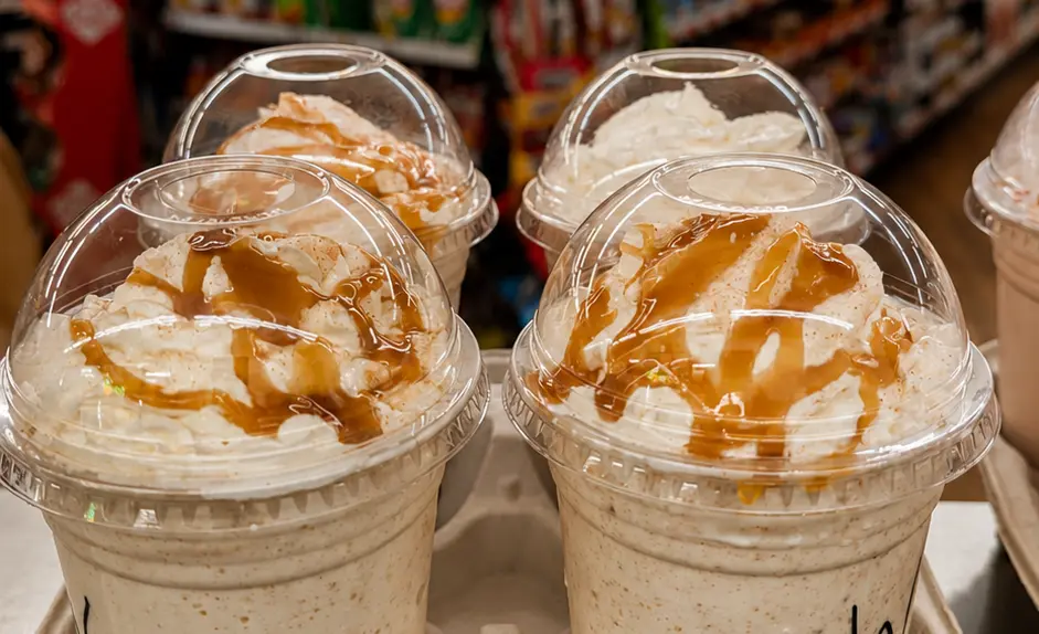 Four milkshakes topped with ice cream and caramel syrup at Floyd Xpress Market in Floyd, VA