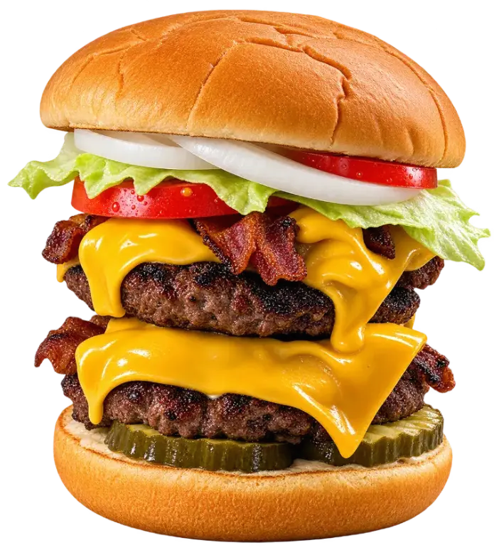 Fresh local double-patty burger with tomato, lettuce, onion, and cheese at Floyd Xpress Market
