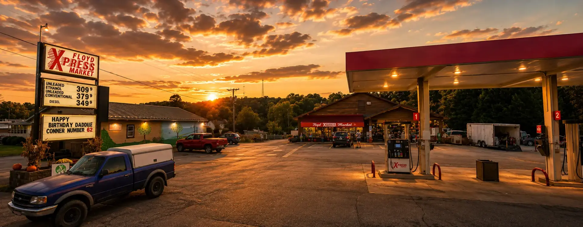 Fuel pumps at Floyd Xpress Market in Floyd, Virginia
